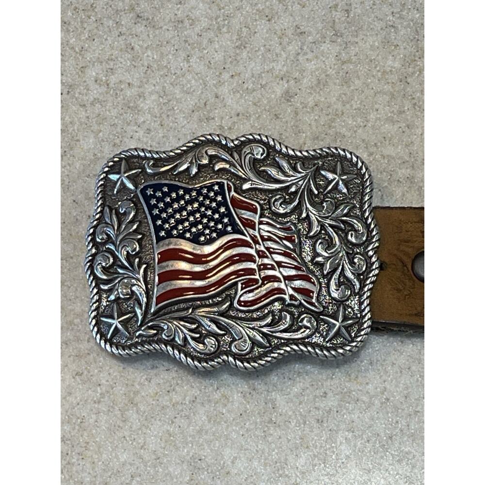 Justin Floral Tooled Leather Kids Belt American Buckle Brown Size -24 USA Flag - Picture 2 of 14